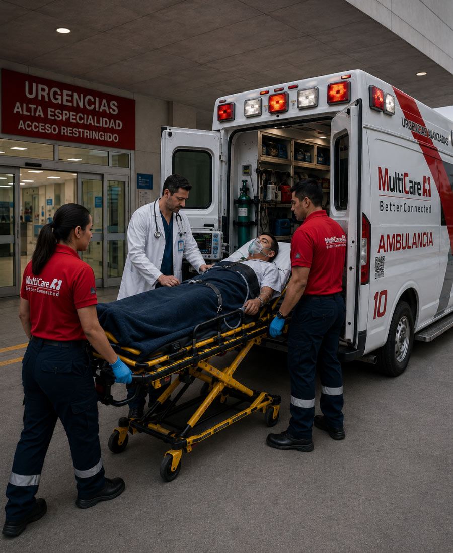 Médico y paramédicos de MultiCare A+1 ingresando a un paciente con oxígeno y monitor al acceso de alta especialidad de un hospital