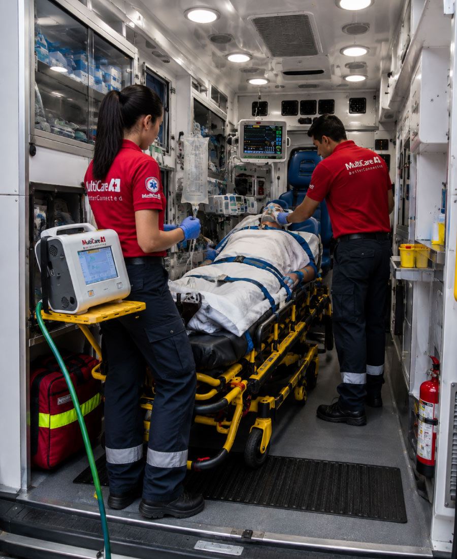 Paramédicos de MultiCare A+1 vigilando a un paciente estable con oxígeno y monitor dentro de la ambulancia