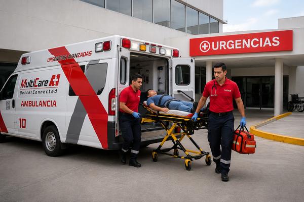 Paramédicos de MultiCare A+1 ingresando a un paciente en camilla al área de urgencias de un hospital en la Ciudad de México